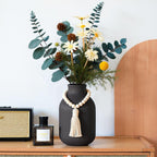 JOHOUSE Black Ceramic Vase, 7.9 Inch Tall Boho Ribbed Vase with Wooden Beads Tassel for Pampas Grass, Wedding Centerpiece, Coffee Table, Bedroom & Apartment, Neutral Farmhouse Decor