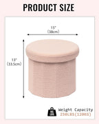 Round Boucle Storage Ottoman, 15" Small Upholstered Footstool with Storage, Compact Teddy Ottoman Footrest for Living Room, Bedroom, Dorm, Pink