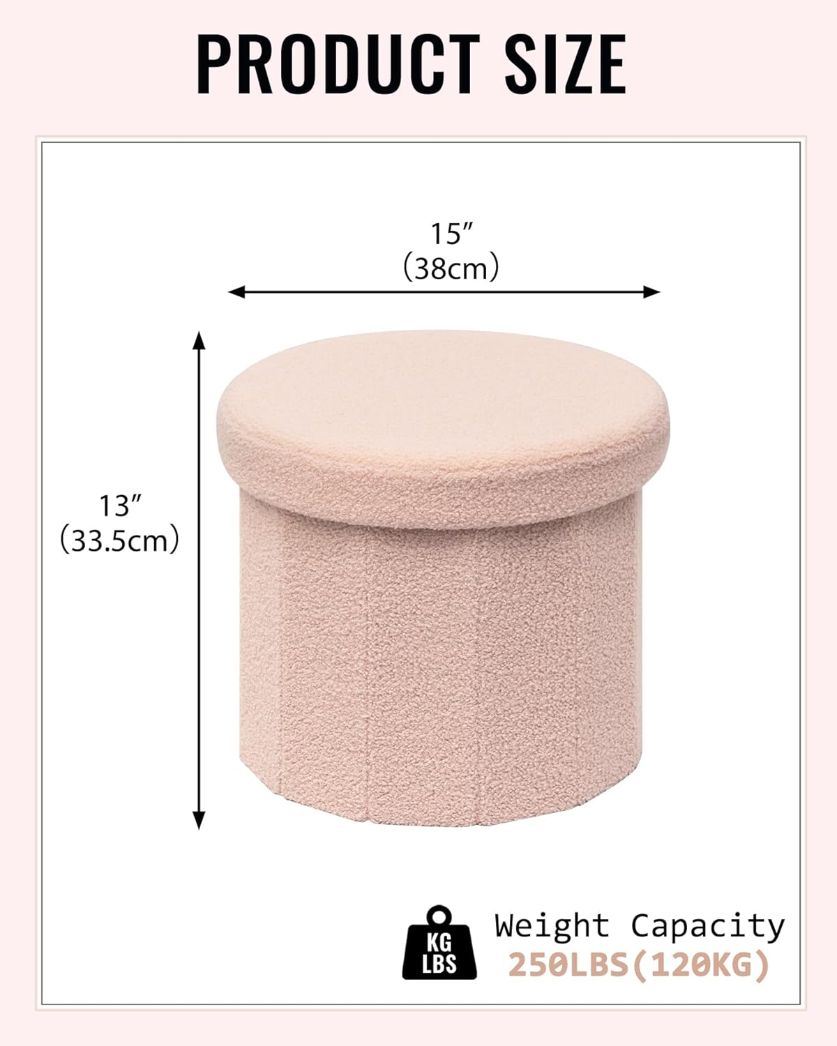 Round Boucle Storage Ottoman, 15" Small Upholstered Footstool with Storage, Compact Teddy Ottoman Footrest for Living Room, Bedroom, Dorm, Pink
