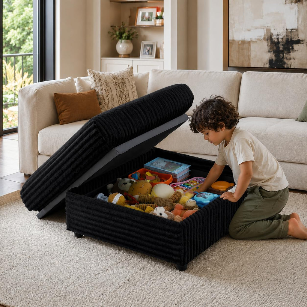 35.3" Corduroy Ottoman with Storage Oversized Ottoman for Modular Sectional Couches Foot Rest Stool with Hidden Compartment for Living Room, Apartment (Black, 35.3")