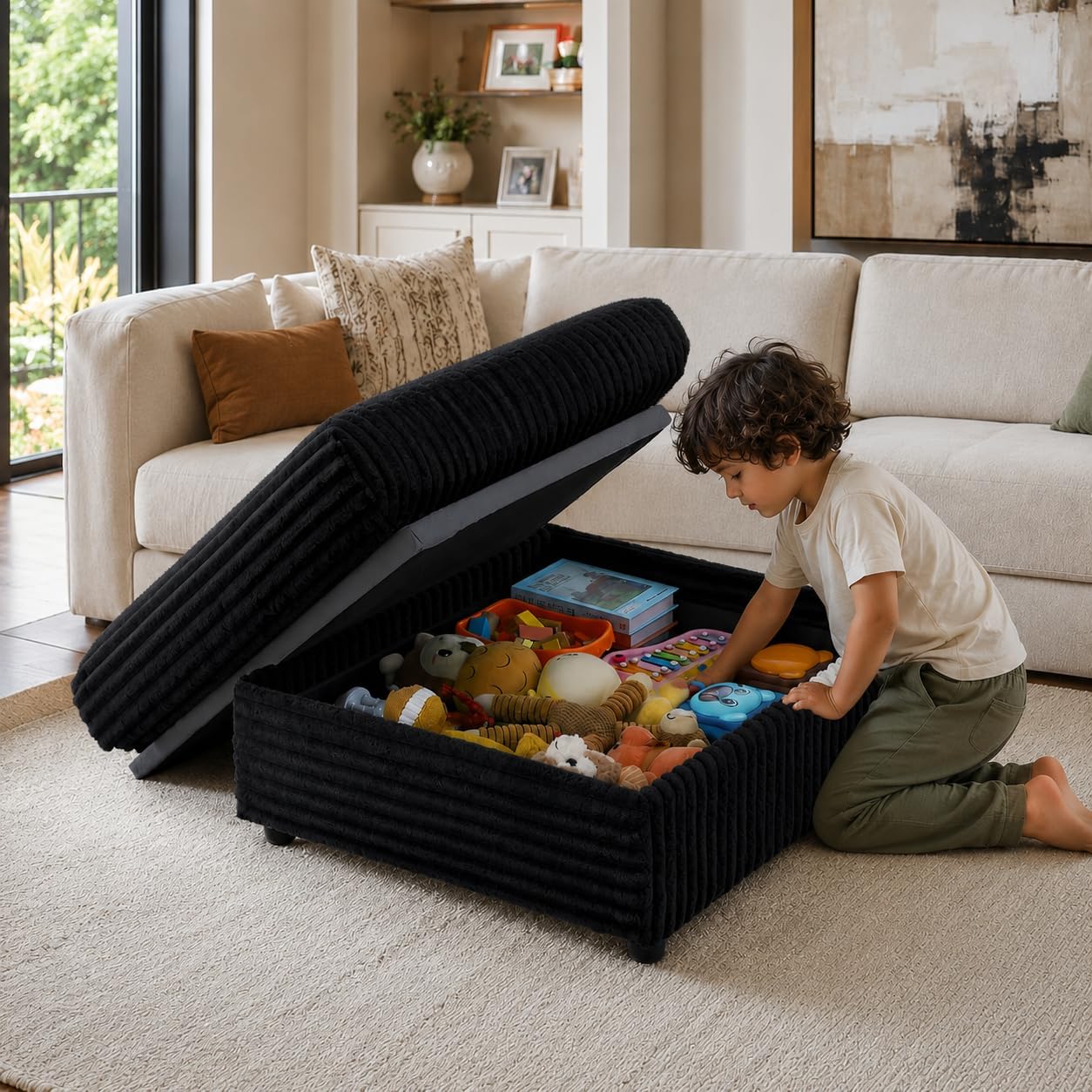 35.3" Corduroy Ottoman with Storage Oversized Ottoman for Modular Sectional Couches Foot Rest Stool with Hidden Compartment for Living Room, Apartment (Black, 35.3")