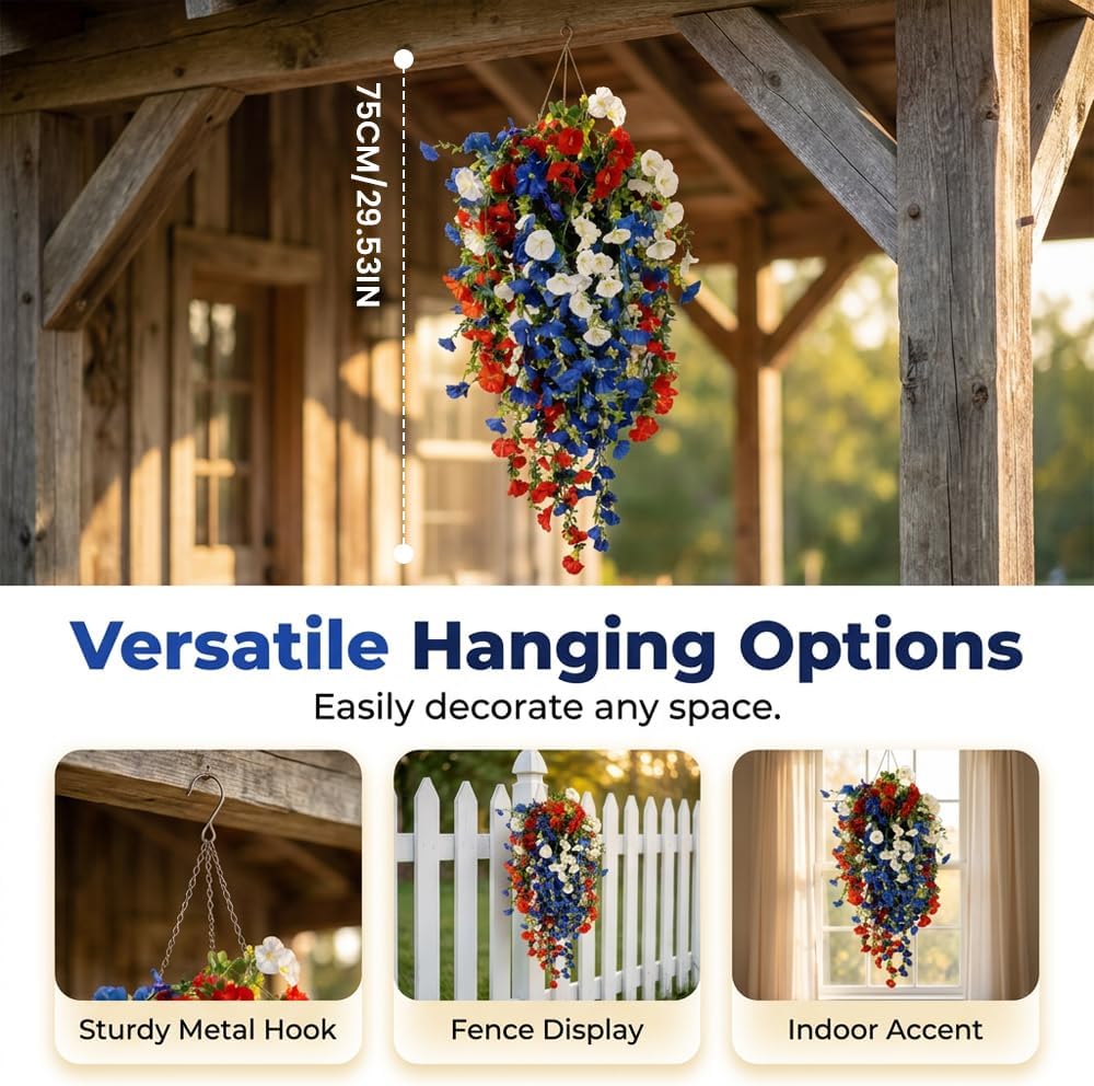 4th of July Decoration Tricolor Patriotic Artificial Flower, Red White and Blue Hanging Flowers for 250th Independence Day Decor, Artificial Hanging Flowers for Window Decorations (LED Flower)