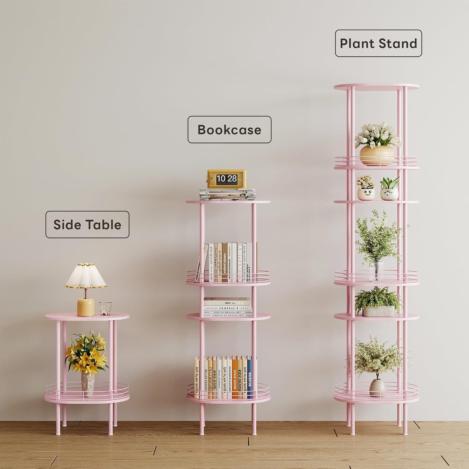 Small Oval Side Table with Storage, 2-Tier Pink End Table for Small Space | Simple Nightstand with Metal Frame, Modern Round Bedside Table for Living Room, Bedroom, Bathroom, Nursery（1 PC, Pink）