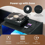 Giantex Large Record Player Stand with LED Light, Mid Century Modern Turntable Stand w/Sliding Door, Charging Station & Plastic Leg, Record Player Table, Vinyl Record Storage for Living Room (Black)