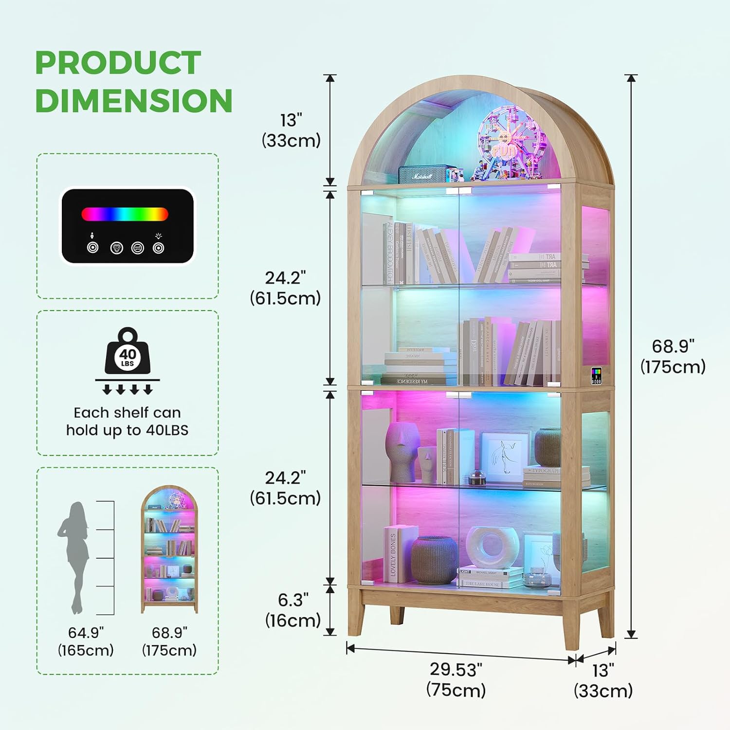 HNEBC Arched Display Case with RGB Lights, 69" Tall 5-Tier Tempered Glass Display Cabinet with Doors, LED Curio Cabinet with Shelf, Bookcase with Music-Synced Lighting for Living Room(Natural)