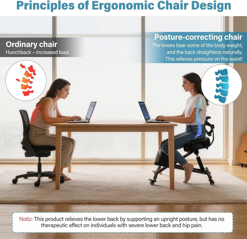 Ergonomic Kneeling Chair with Backrest & Lumbar Support, Adjustable Desk Chair with Wheels & Thick Cushion, Improve Sitting Postures & Relieve Lower Back Pressure, Perfect for Study & Work from Home