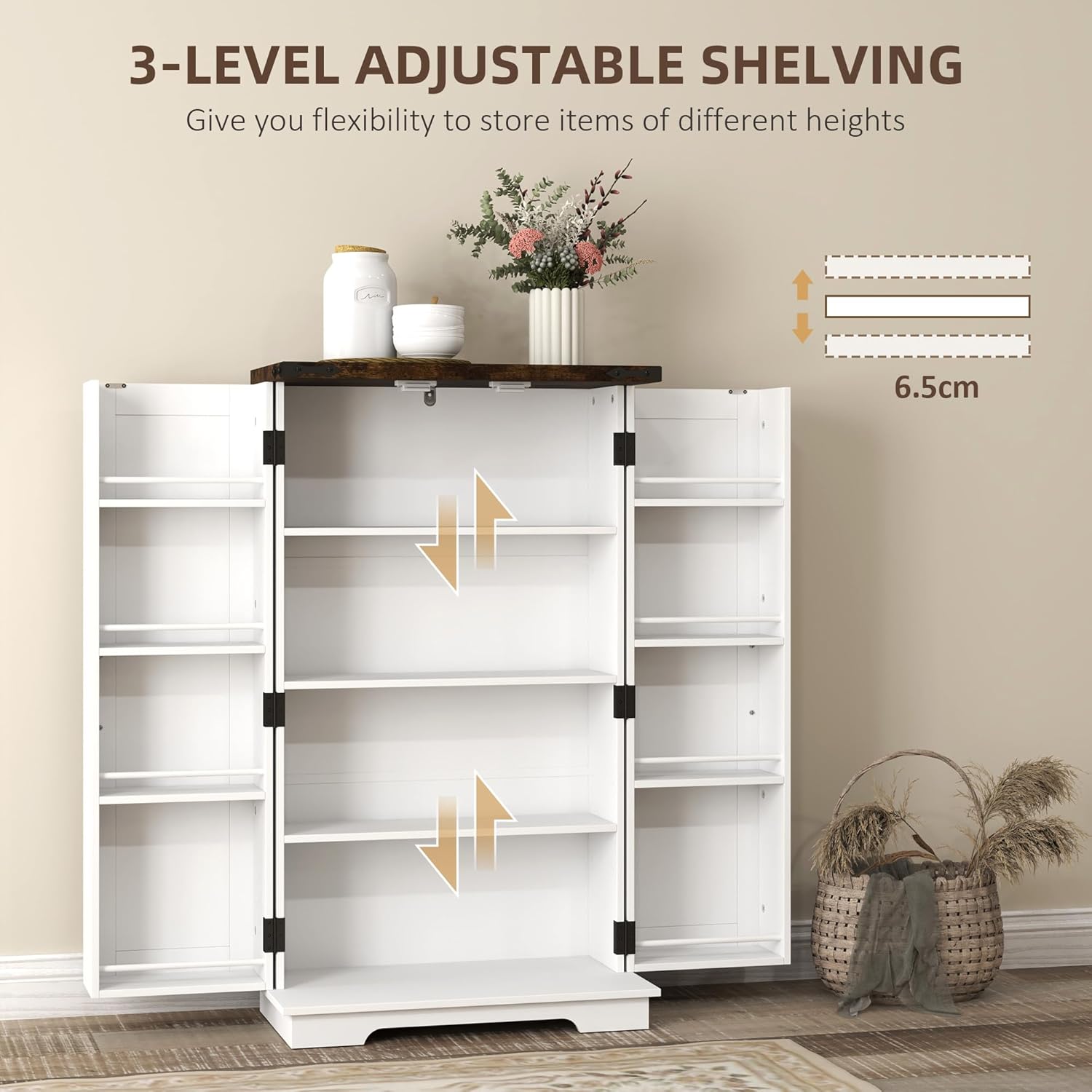 HOMCOM 41" Kitchen Pantry Cabinet Farmhouse Storage Cabinet Doors White | Freestanding, 2 Adjustable Shelves, 8 Door Shelves