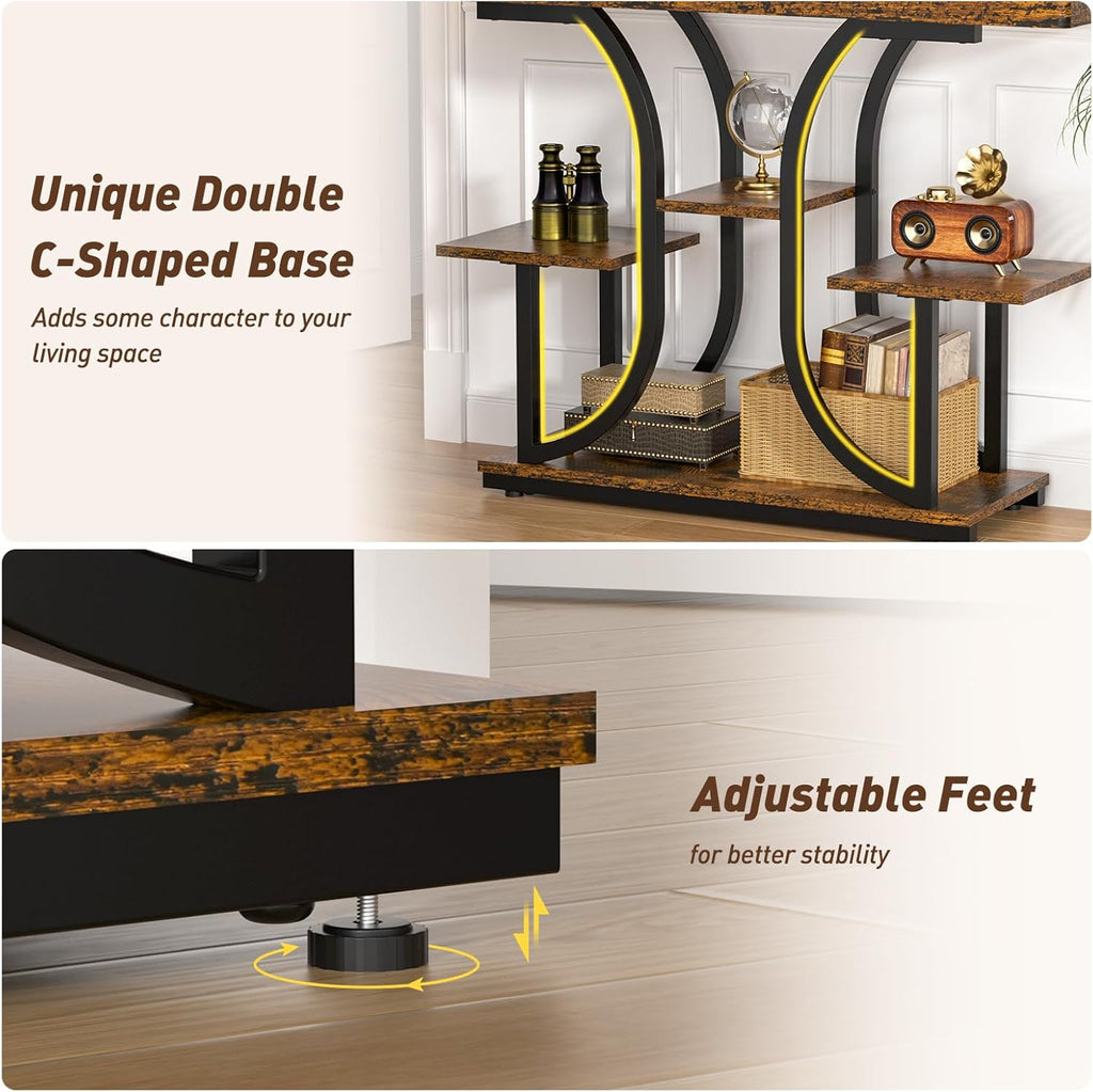 ikkle 42.5" Console Table, Industrial 4-Tier Sofa Table Entryway Table with Curved Base, Narrow Wood Accent Tables with Storage Shelves for Living Room, Hallway, Foyer, Rustic Brown