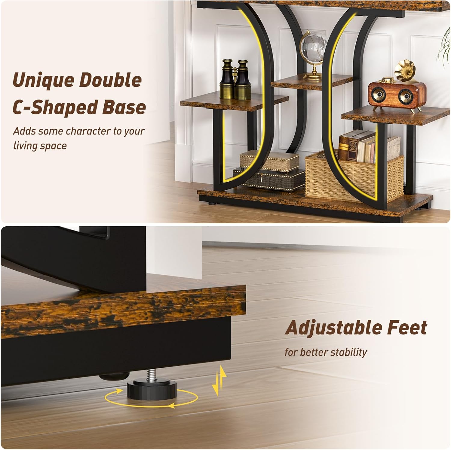 ikkle 42.5" Console Table, Industrial 4-Tier Sofa Table Entryway Table with Curved Base, Narrow Wood Accent Tables with Storage Shelves for Living Room, Hallway, Foyer, Rustic Brown