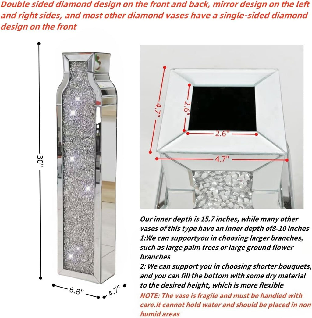 30" Tall Floor Vase, Double Sided Crushed Diamond Mirrored Vases,Large Flower Vase for Home Decor, Mirror Glass Decorative for Living Room,Office,Centerpiece (Crushed Diamond:4.7''L X 6.8''W X 30''H)