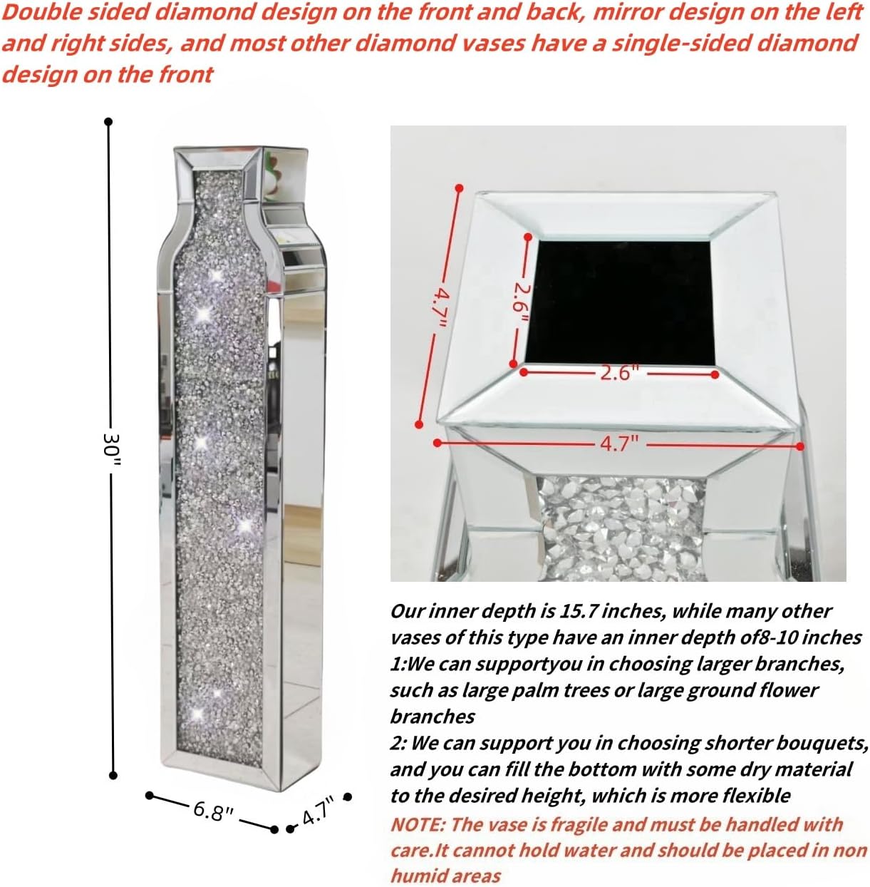 30" Tall Floor Vase, Double Sided Crushed Diamond Mirrored Vases,Large Flower Vase for Home Decor, Mirror Glass Decorative for Living Room,Office,Centerpiece (Crushed Diamond:4.7''L X 6.8''W X 30''H)