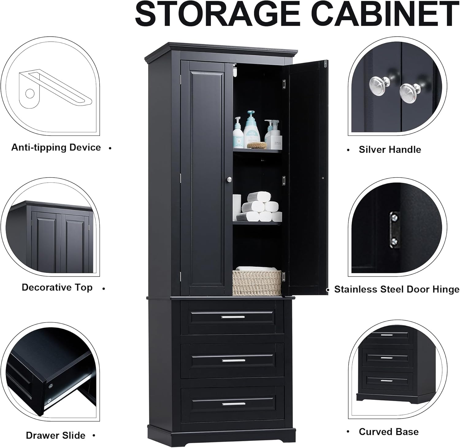Merax 70" Pantry Cabinet with Two Doors & Three Drawer, Adjustable Shelves Storage Cupboard for Kitchen/Dining Room/Bathroom, Black