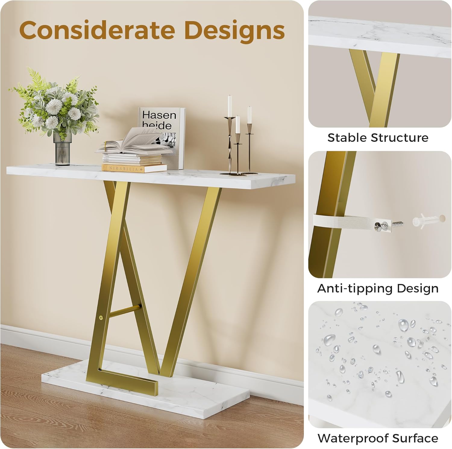 43.3" Gold Console Table, Modern Entryway Table with White Faux Marble Top & Metal Base, Narrow Sofa Table for Living Room, Hallway, Foyer