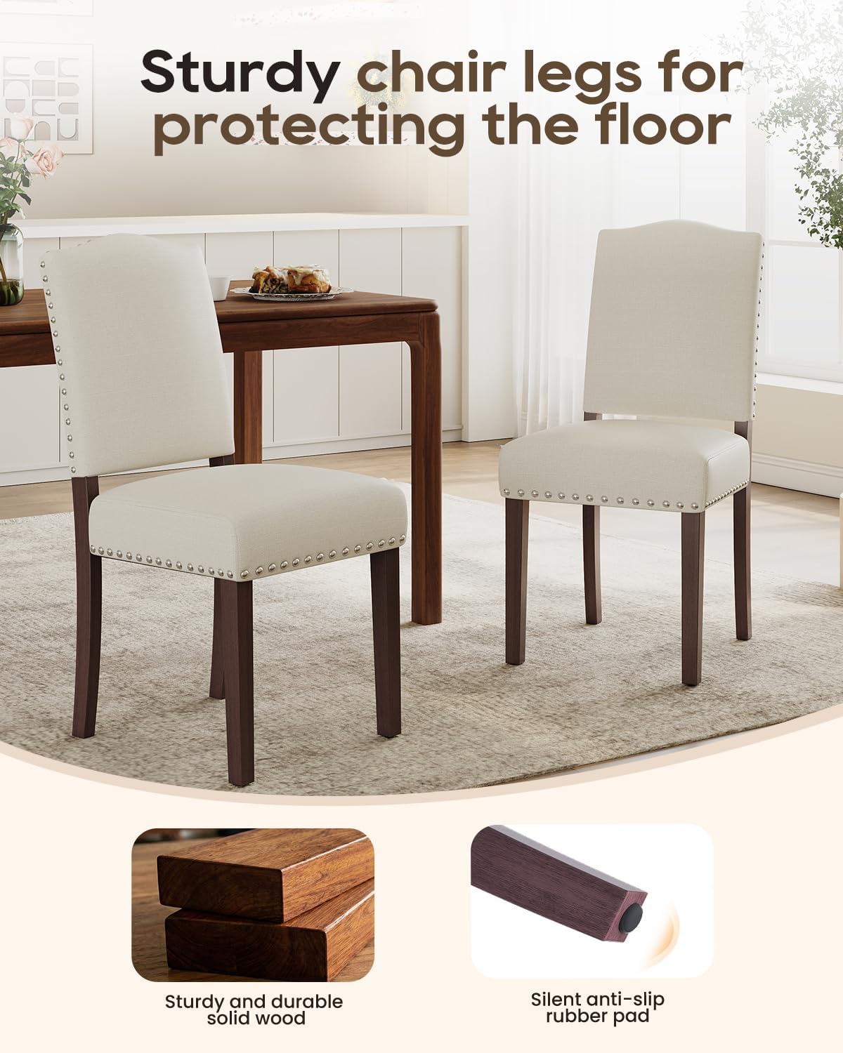 Upholstered Dining Chairs Set of 6 with Thickened Seat Cushion, Wooden Mid-Century Modern Fabric Farmhouse Kitchen Chairs for Dining Room Living/Restaurant/Reading Room(Beige)