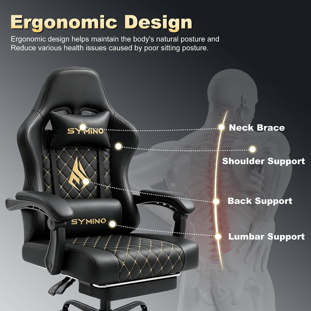 Symino Gaming Chair with Footrest, Linkage Armrests & 10cm Thick Seat, PU Leather Ergonomic Computer Chair, 150° Recline Office Chair, Black