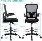 Drafting Chair,Tall Office Chair, Ergonomic Standing Desk Chair with Flip-up Armrests,Mid-Back Counter Height Computer Task Chair with Lumbar Support and Adjustable Footrest Ring,Black
