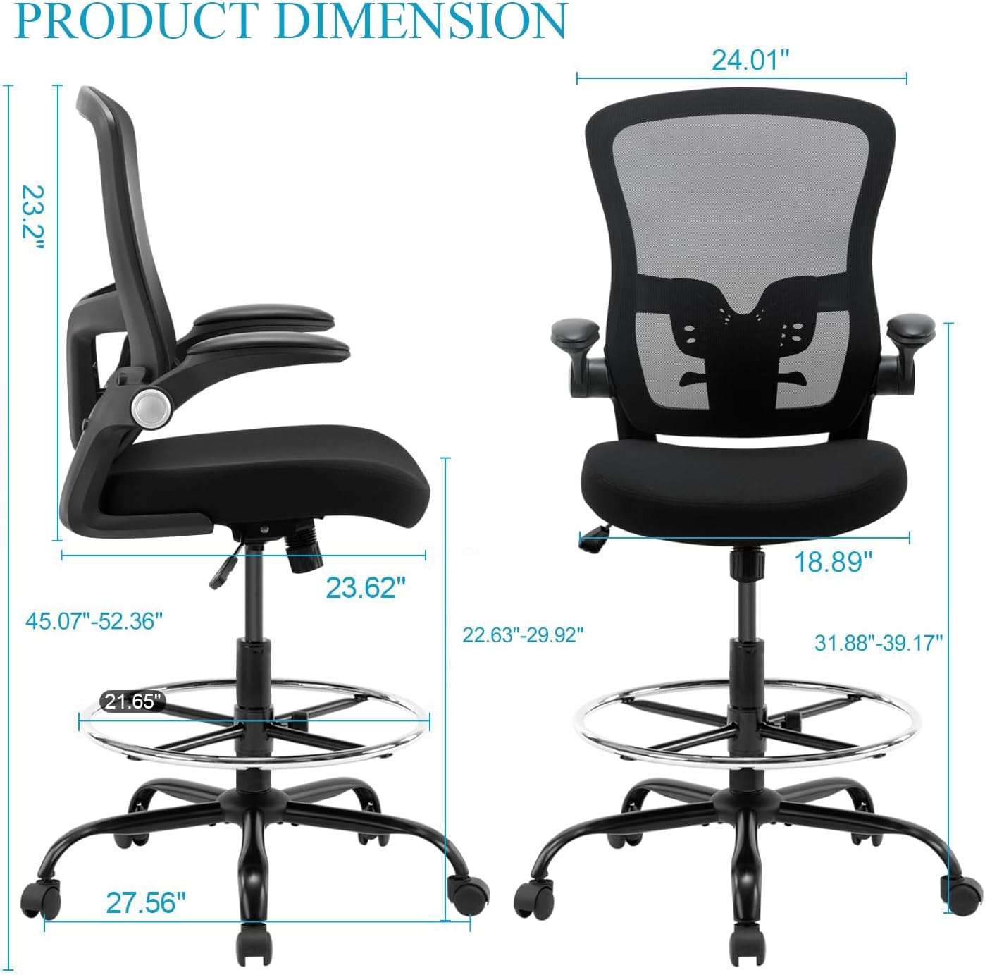 Drafting Chair,Tall Office Chair, Ergonomic Standing Desk Chair with Flip-up Armrests,Mid-Back Counter Height Computer Task Chair with Lumbar Support and Adjustable Footrest Ring,Black