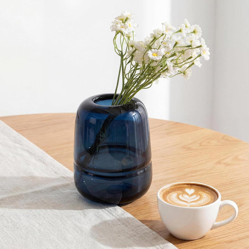 Relexome Blue Glass Flower Vase for Centerpieces Flowers 6.7 Inch Round Modern Glass Bud Vase Decorative Vases for Home Decor, Living Room, Dining Table, Entryway, Shelf, Office