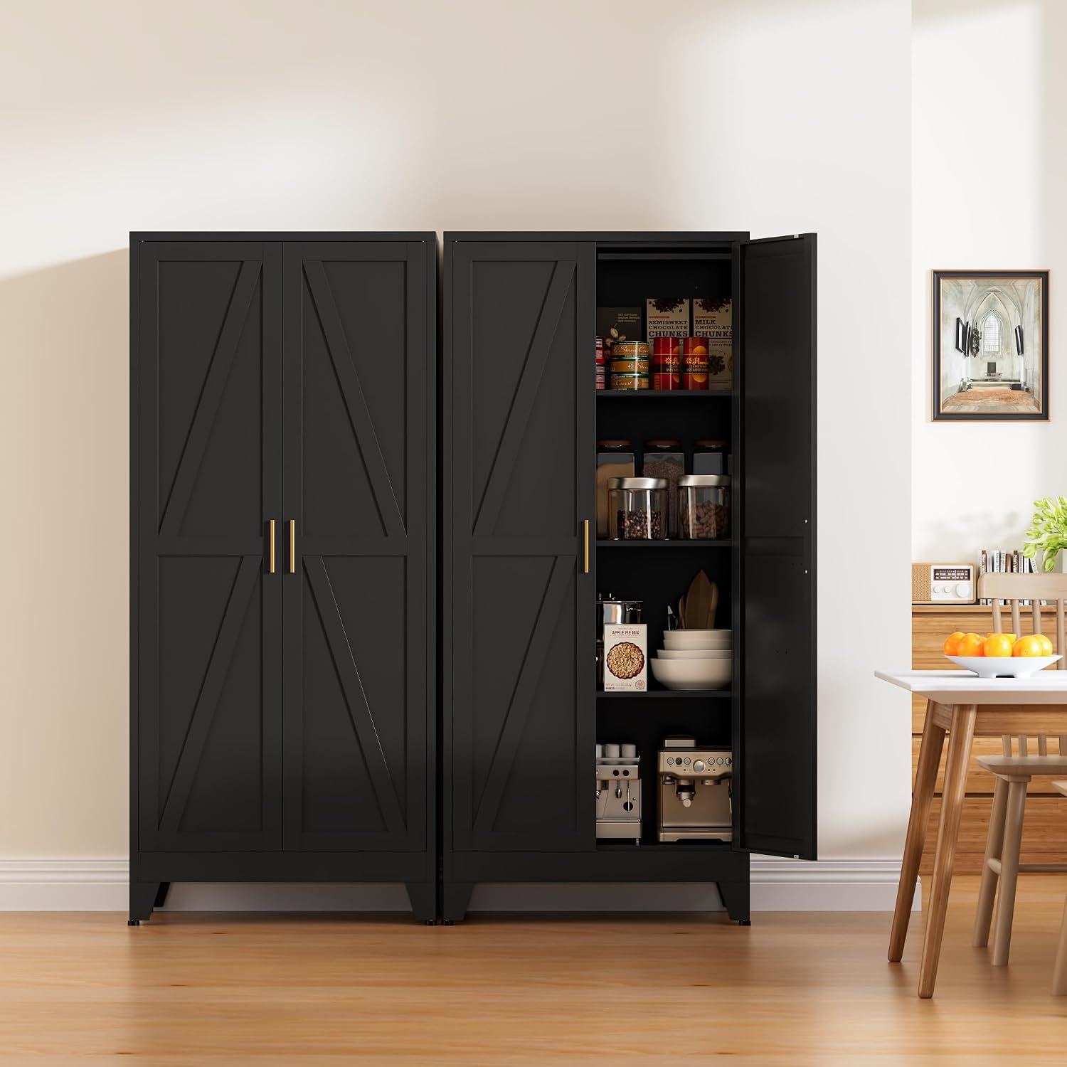 61" Tall Metal Pantry Cabinet, Kitchen Storage Cabinet with 2 Doors and 3 Adjustable Shelves for Kitchen, Living Room, Dining Room, Bathroom and Home, Office (Black, 1PC)