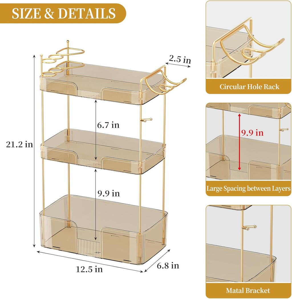 Bathroom Counter Organizer for Vanity, Makeup Organizer Countertop with Holder, Large Capacity Storage Rack, Perfect Large Skincare, Hair Care, Perfume, Easy to Install (Gold, 3Tiers)