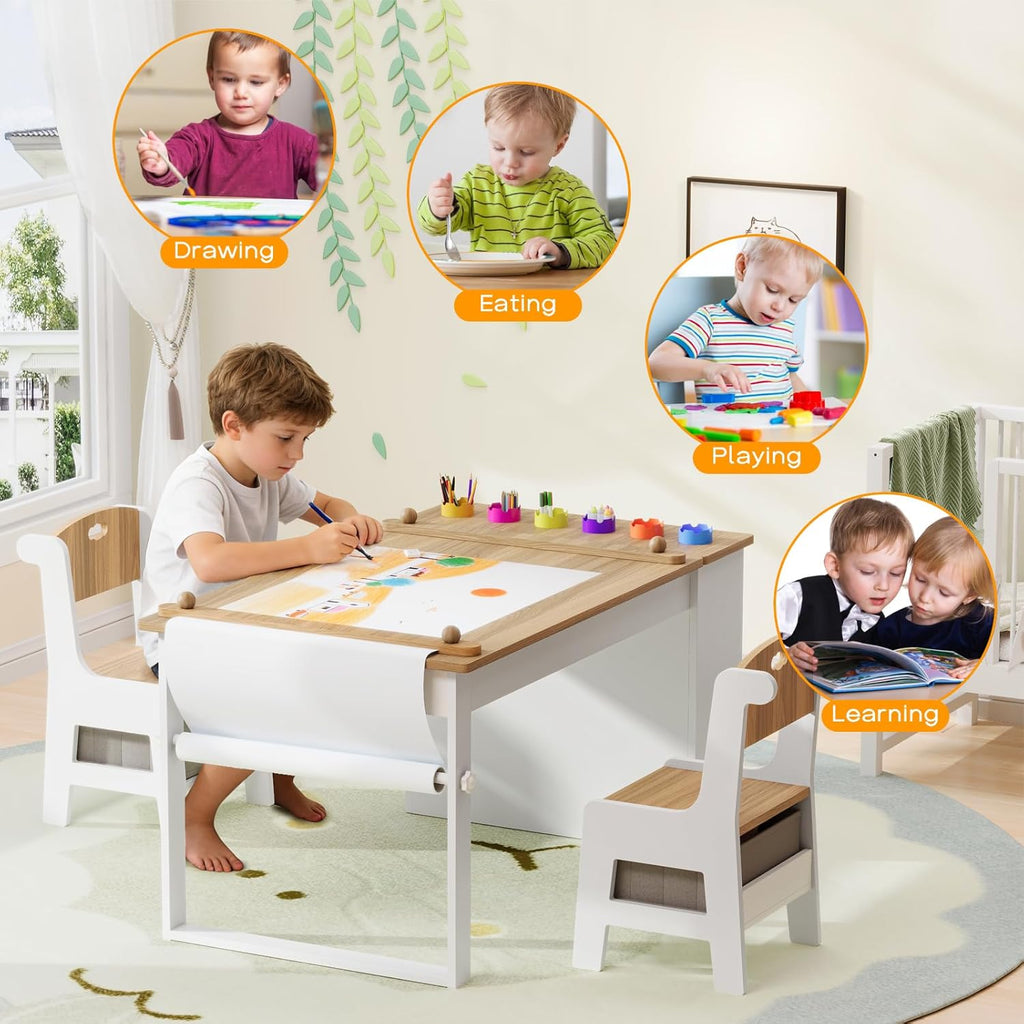 Befrases Kids Art Table and Chairs, Toddler Craft Table and 2 Chairs Set with Roll Paper, Large Activity Desk with 6 Colorful Paint Cups & Storage for Drawing, Learning and Reading