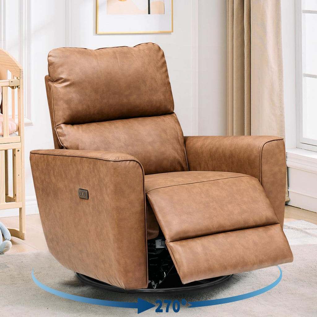 Power Recliner Chair, 270° Swivel Rocking Glider with USB Charging Port, PU Leather Upholstered Fabric, Ergonomic Modern Nursery Chair for Living Room, Bedroom, Nursery (Power Brown)