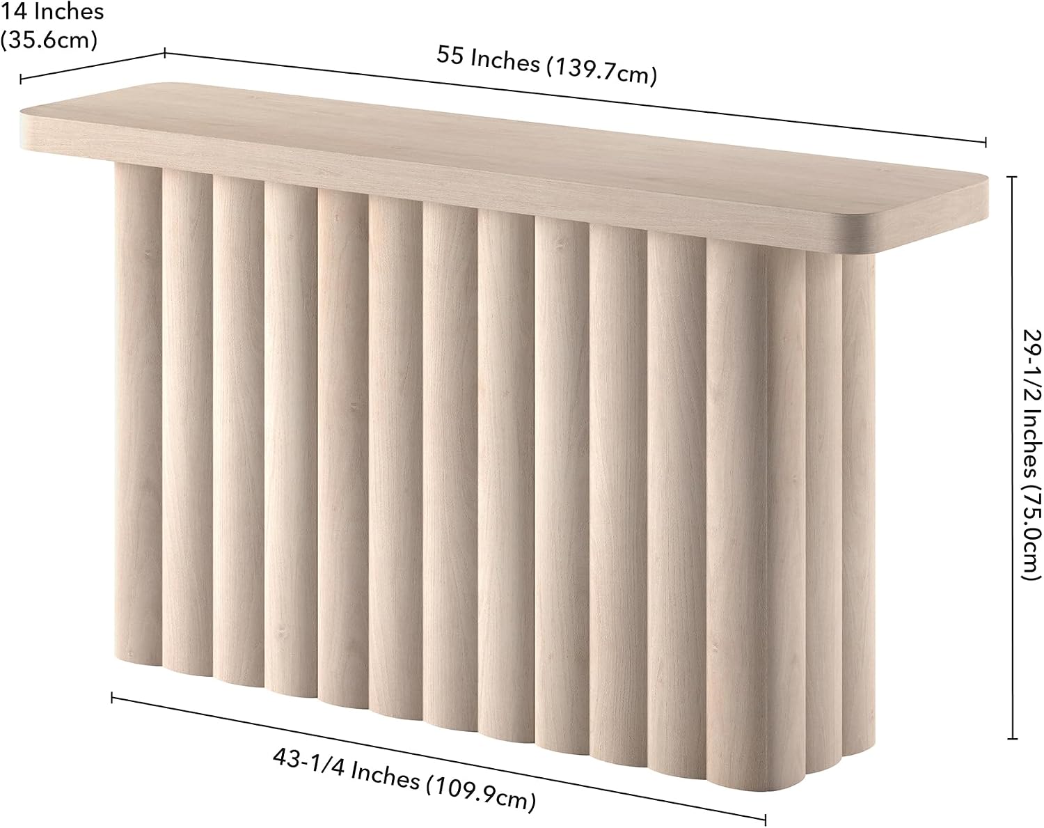 Henn&Hart 55'' Fluted Modern Rectangular Console Table, Ribbed Entryway Table, Sofa Table with Pedestal Base for Entryway, Living Room, Couch, Hallway, or Office, Beech White