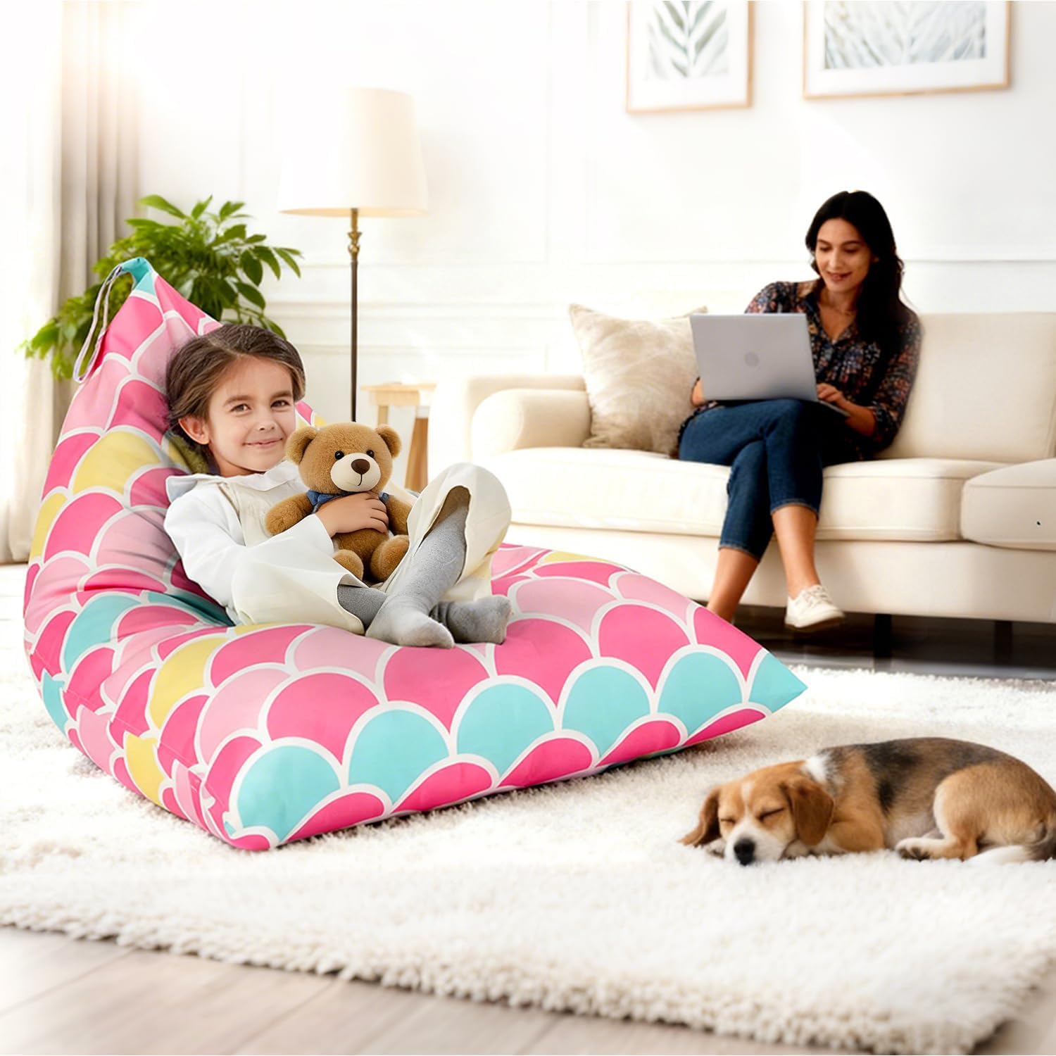 Stuffed Animal Storage Bean Bag Chair Cover for Kids Teens (No Filler) 250L Washable Large Beanbag Cover for Kids' Room Organizing Plush Toys or Home Living Room Textile,Mermaid