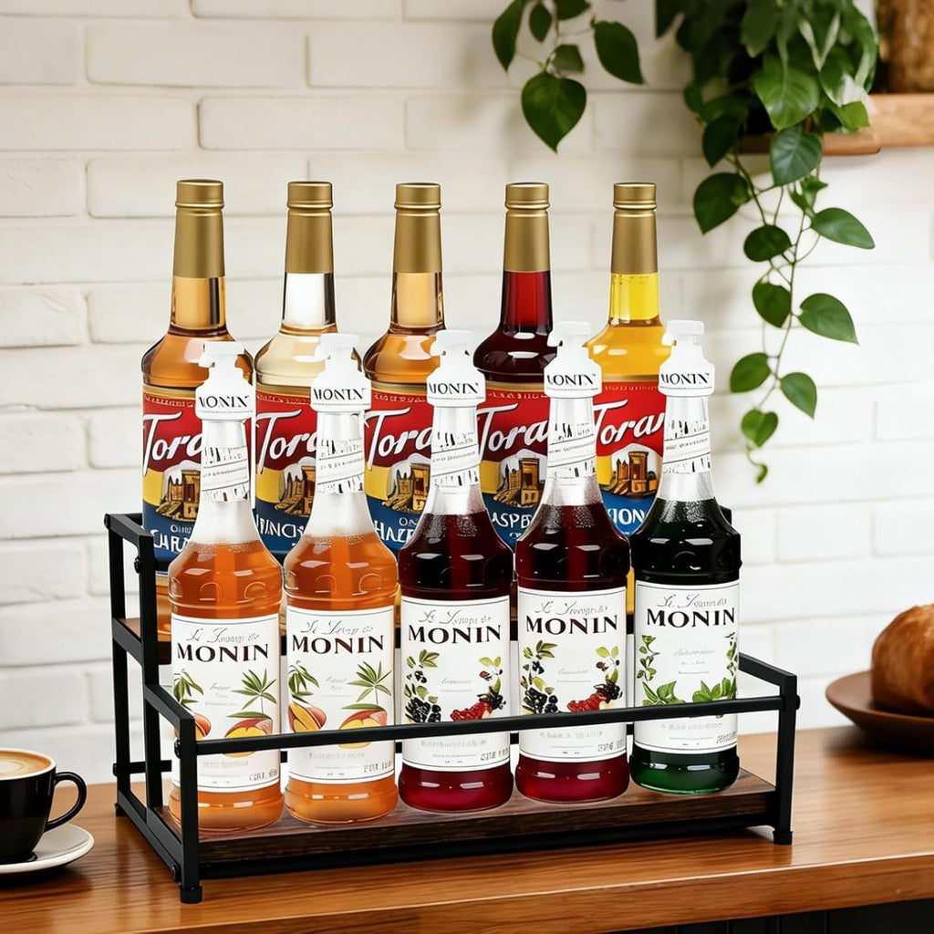Coffee Syrup Rack Organizer, 2-Tier | Metal Bottle Holder, 10 Bottles Capacity, Rustic Countertop Display Shelf, For Coffee Bar, Kitchen Cabinet, Pantry