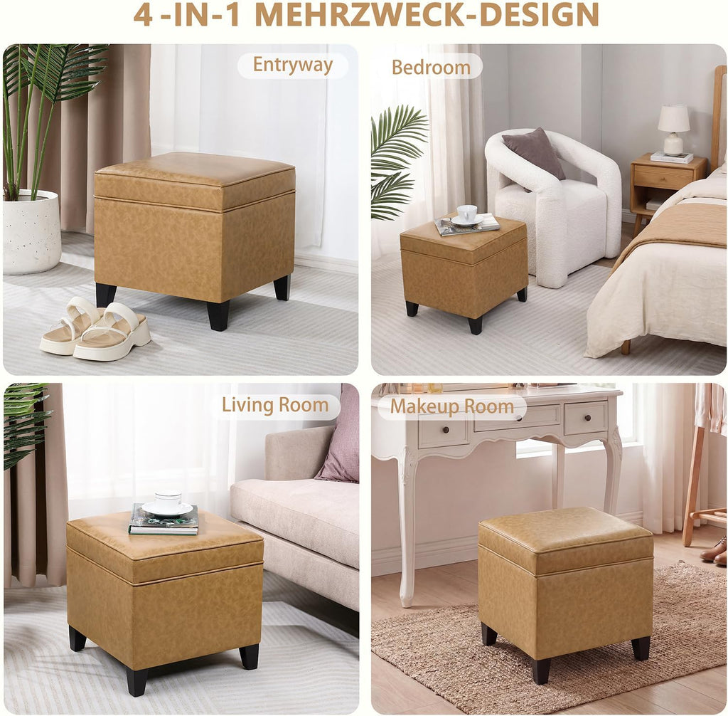 17” Faux Leather Storage Ottoman with Wooden Legs, Upholstered Square Flip-Top Footrest, Extra Seat or Coffee Table for Living Room, Bedroom, Entryway, Light Brown