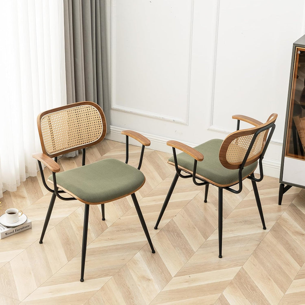 Rattan Dining Room Chairs Set of 4,Mid Century Modern Kitchen Side Chair,Metal Legs Desk Chair,Green Corduroy Fabric Upholstered Accent Chair with Arms and Rattan Backrest