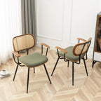 Rattan Dining Room Chairs Set of 4,Mid Century Modern Kitchen Side Chair,Metal Legs Desk Chair,Green Corduroy Fabric Upholstered Accent Chair with Arms and Rattan Backrest