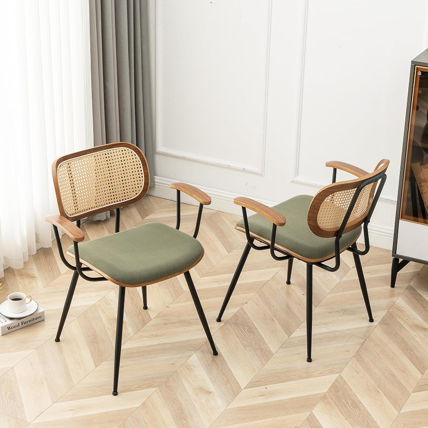 Rattan Dining Room Chairs Set of 4,Mid Century Modern Kitchen Side Chair,Metal Legs Desk Chair,Green Corduroy Fabric Upholstered Accent Chair with Arms and Rattan Backrest