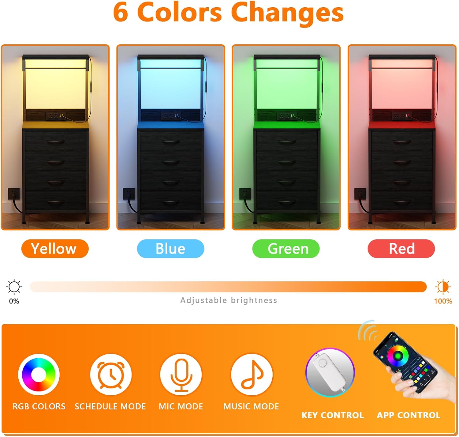Furnulem Nightstands Set of 2, 38" Tall Bedside Table with Charging Station | Charging Station & RGB LED Lights, 4 Fabric Drawers & Storage Wood Shelves, Metal Frame, Black Night Stand for Bedroom Dorm