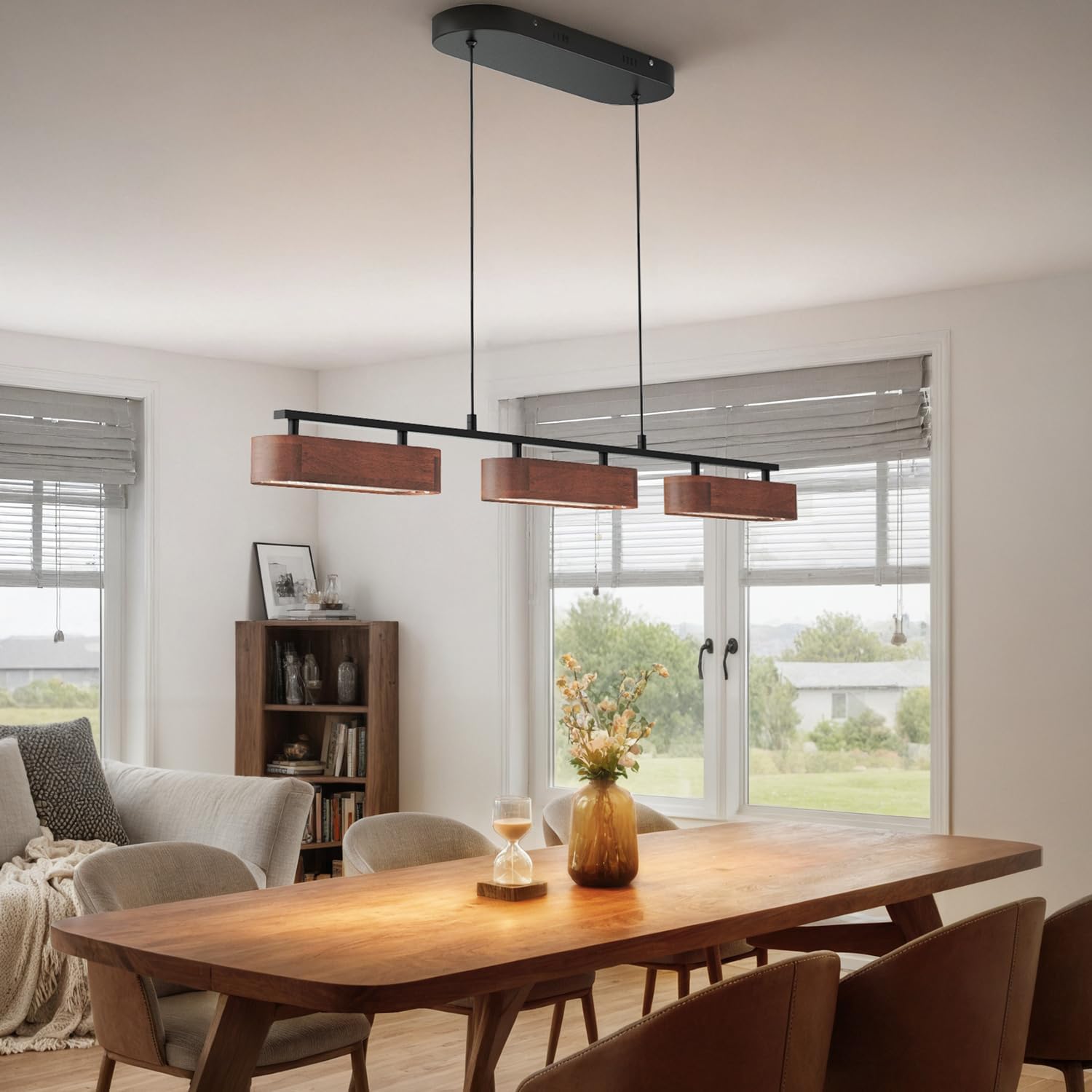 37.6" Kitchen Island Lights, 28W Wood Dining Room Light Fixtures Over Table, Dimmable Linear Pendant Lights for Kitchen Island, 3-Light Rustic Hanging Farmhouse Chandeliers, Walnut Color
