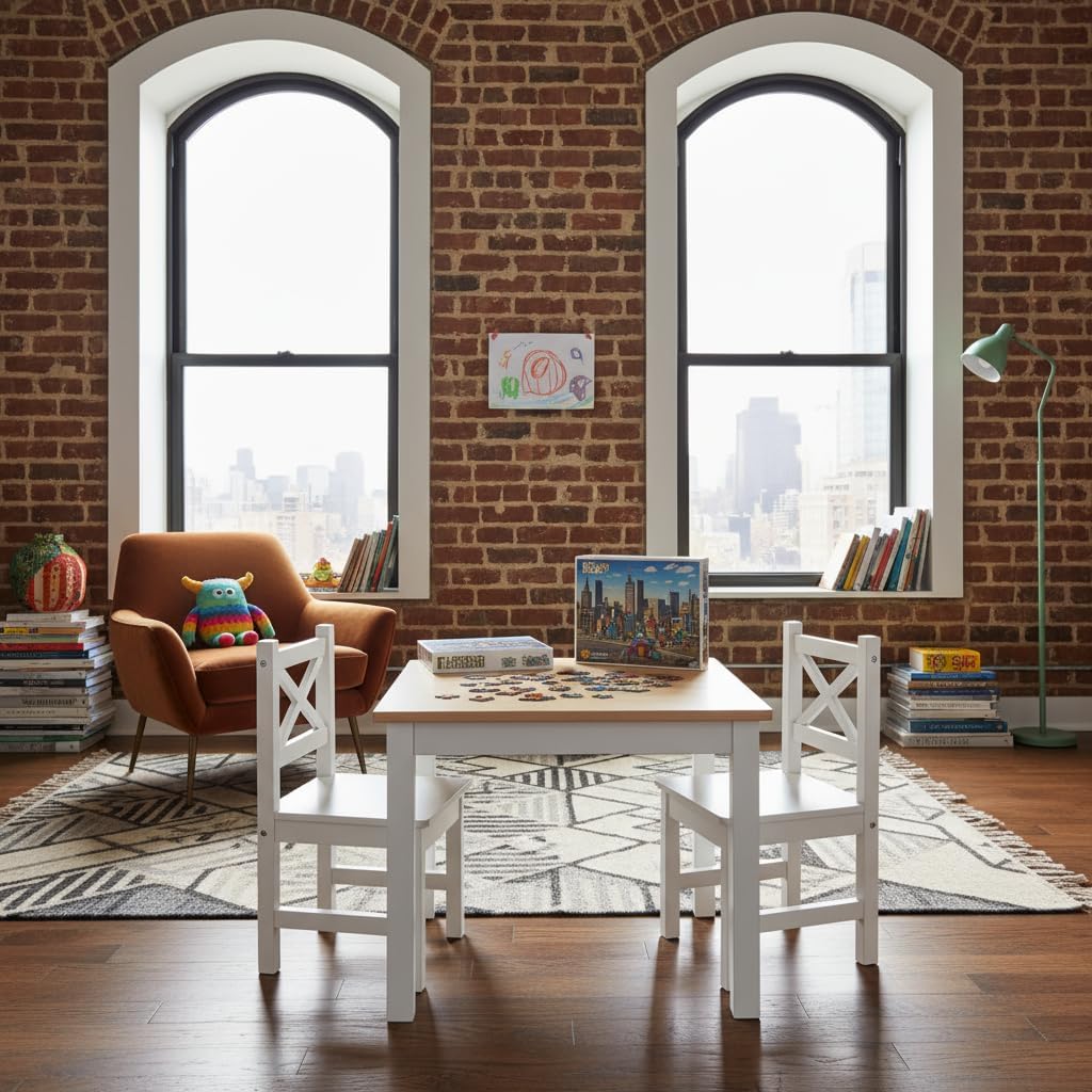 PETIT BATEAU Wood Kids Table & 2 Chairs,Irish Design,Ages 2-8,Whitecolor | Solid Wood Toddler Kids Table and 2 Chairs Set,Modern Wooden Furniture