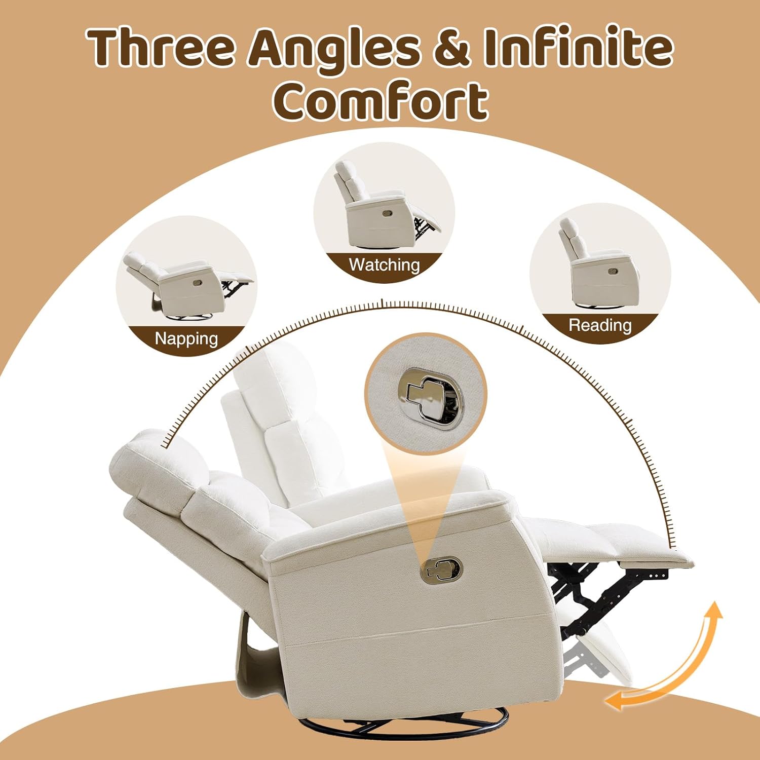 Oversized Swivel Rocker Recliner, 26'' Extra Wide Rocking Recliner Nursery Chair, Manual Swivel Recliner for Nursery, Reclining Rocking for Living Room, Cream White
