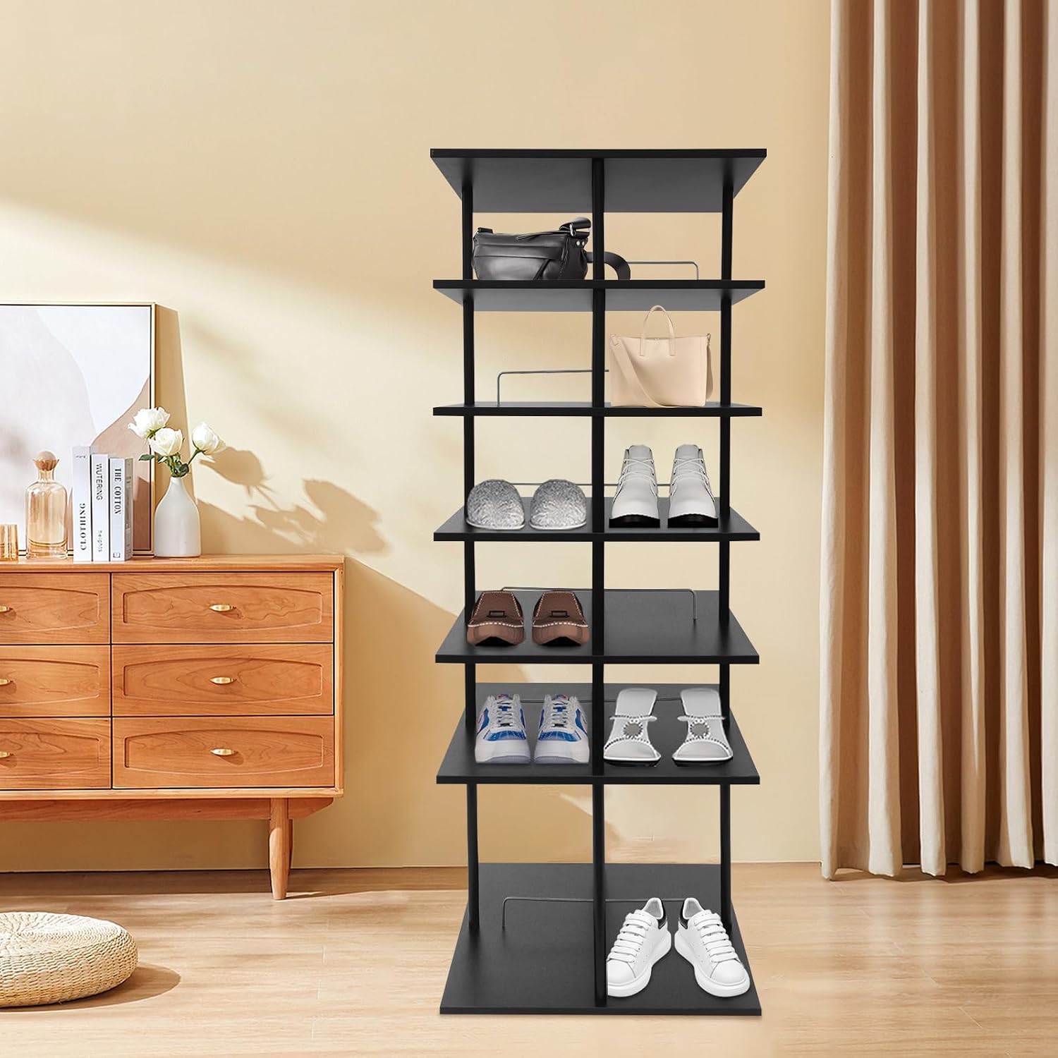 Rotating Shoe Rack, 6-Tier Shoe Storage Organizer with 360° Swivel Shelves, Holds Up to 24 Pairs, Floor Standing Shoe Shelf for Closet, Entryway & Bedroom