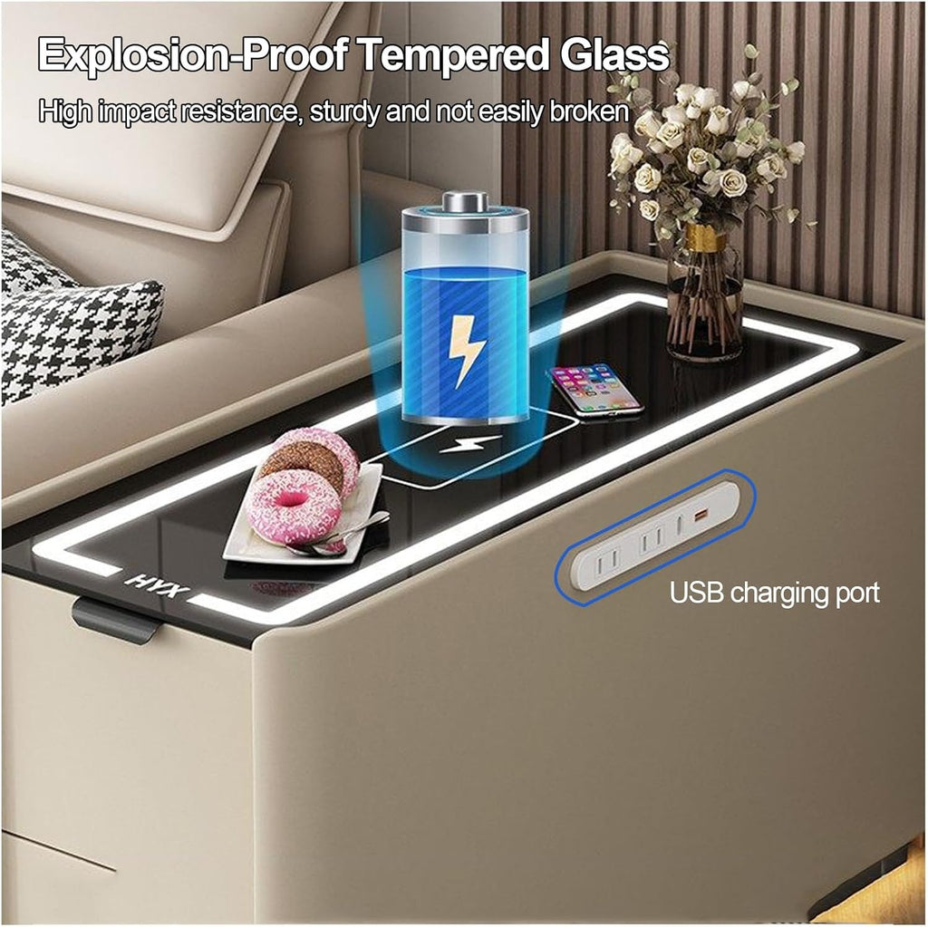 Smart Sofa Side Table with USB Charging Ports, 2 Drawers Storage, Tempered Glass Top, Modern Bedside Nightstand for Bedroom Living Room(Green,90x40cm/31.5x15.7in)