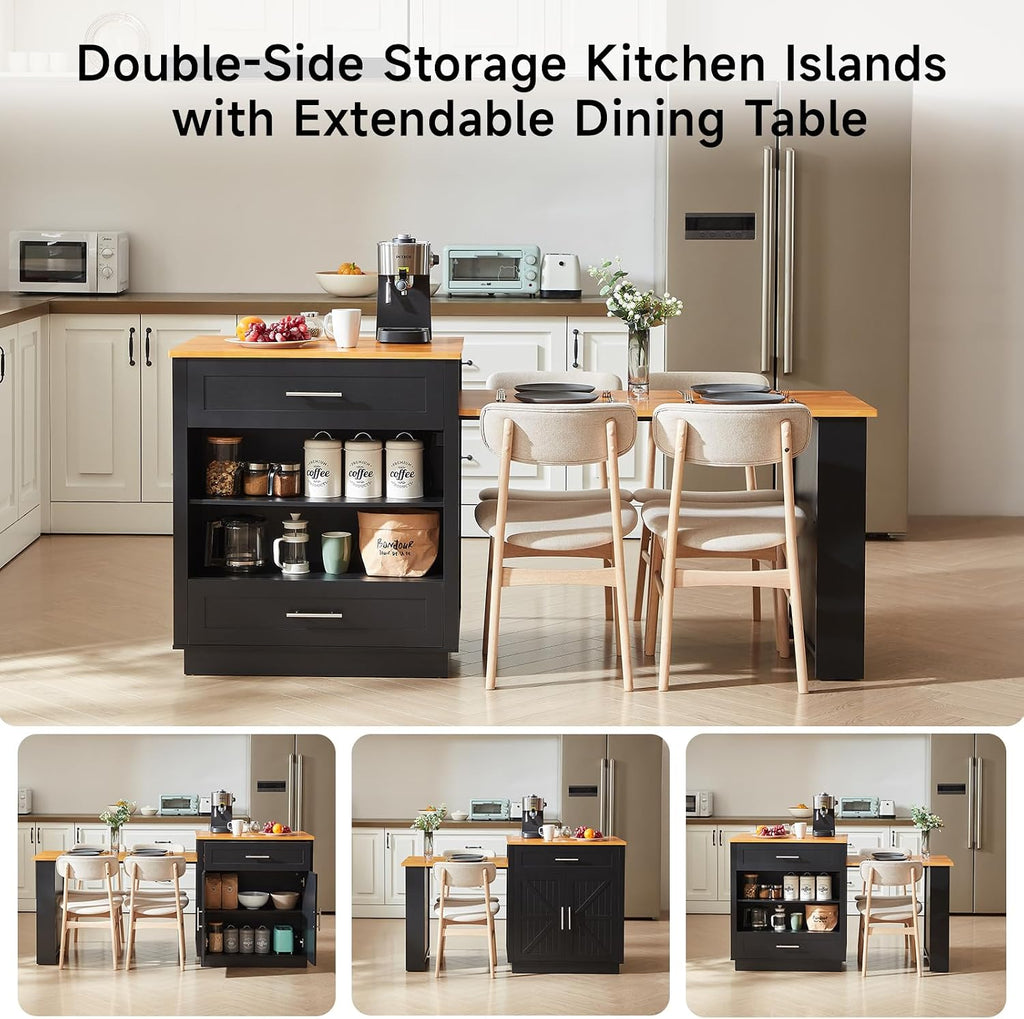 ONBRILL 76" Kitchen Islands with Extendable Dining Table, 2-4 Island Table with Double-Side Storage, Mobile Storage Islands Cart with Power Outlet & Spice Rack, Black