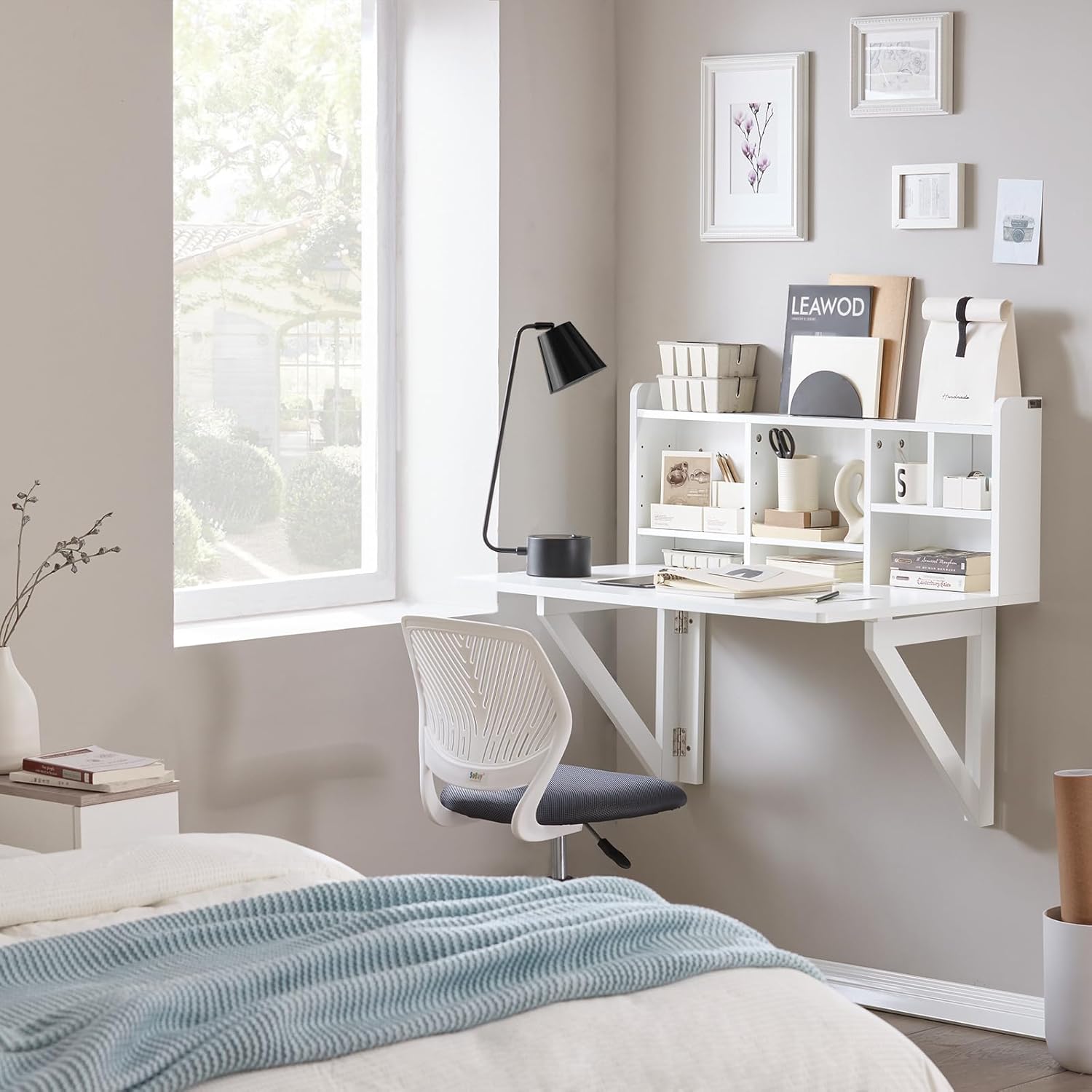 SoBuy Wall Mounted Folding Table | Floating Desk for Small Spaces, Fold Down Workstation Table with Adjustable Shelf for Home, Office, Bedroom, White