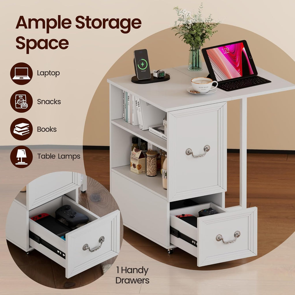Dystler Side Table with Charging Station and LED Lights, 27.5" Tall Rolling End Table with Drawers and Shelves, Narrow Nightstand with Wheels for Small Space, Living Room, Bedroom, White