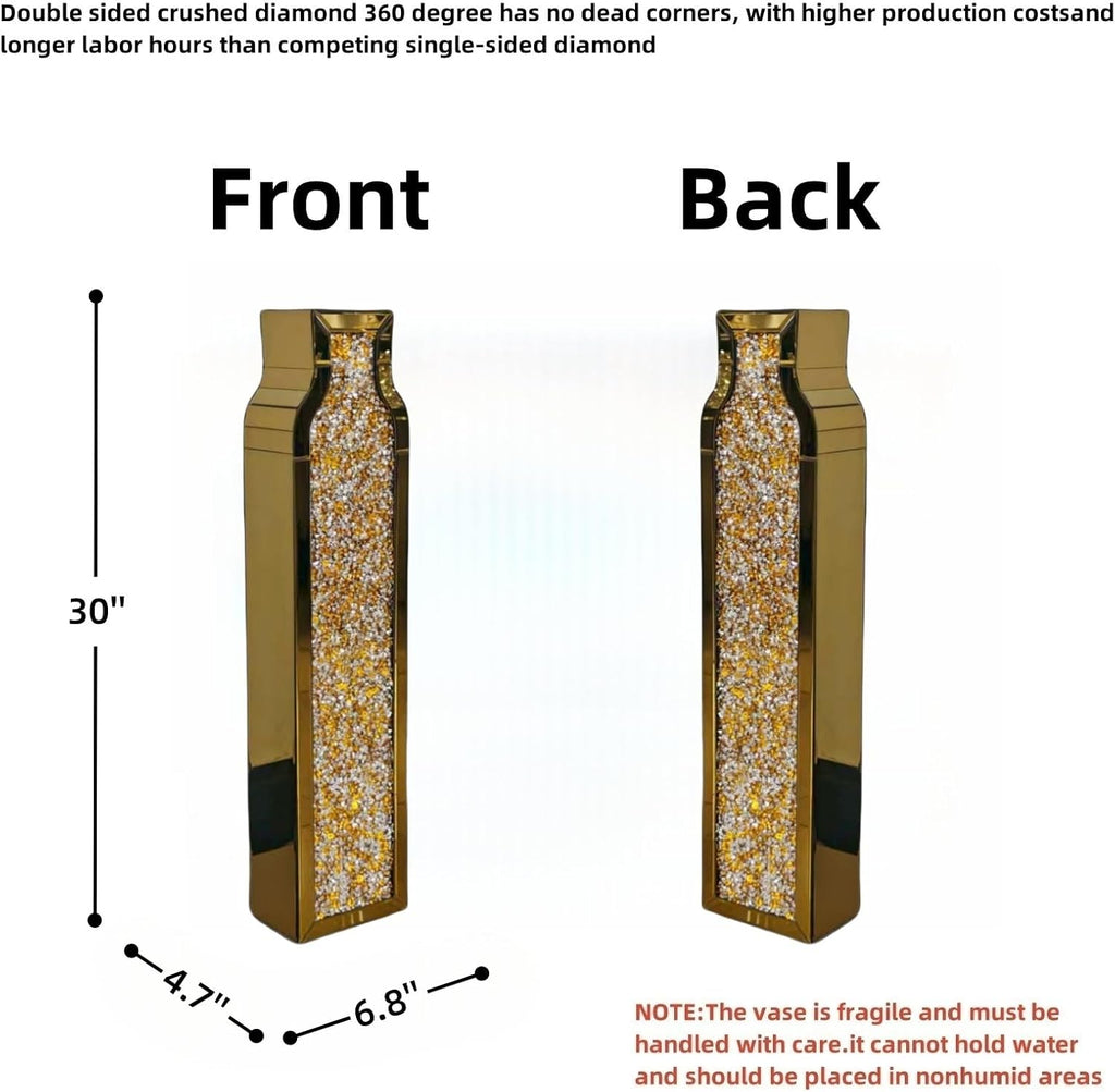 30" Tall Double Sided Crushed Diamond Vases, GoldLarge Mirrored Sliver Vase for Floor,Crystal MirrorDecorative Vase for Home,Office,Hotel (Gold, 6.8" L x 4.7" W x30 H)