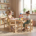 HONEY JOY Kids Table and Chairs, Wooden Activity Table with 4 Chairs Set for Crafts, Homework, Drawing & Snack Time, 5-Piece Playroom and Kindergarten Furniture Set for Children Ages 4+ (Natural)
