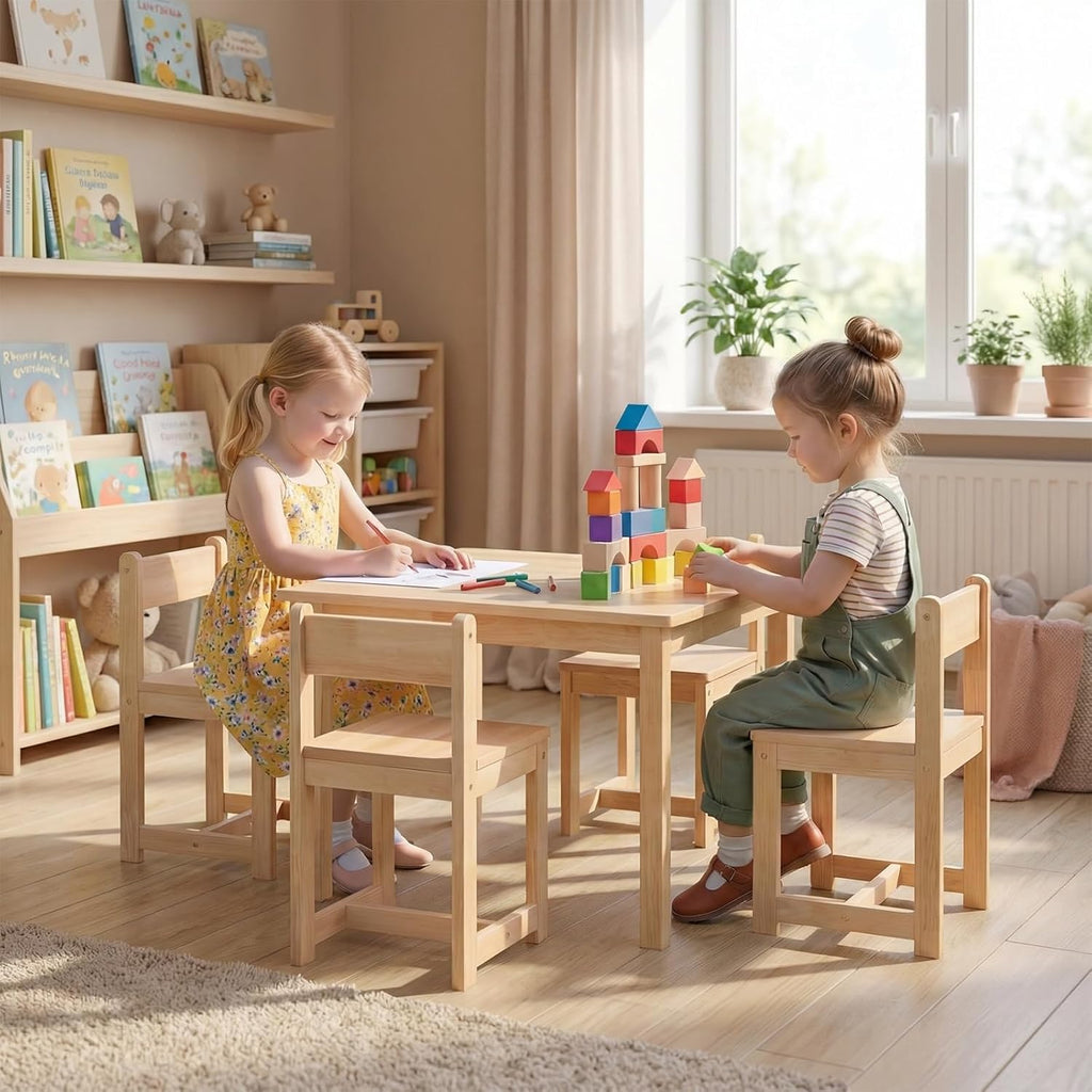 HONEY JOY Kids Table and Chairs, Wooden Activity Table with 4 Chairs Set for Crafts, Homework, Drawing & Snack Time, 5-Piece Playroom and Kindergarten Furniture Set for Children Ages 4+ (Natural)