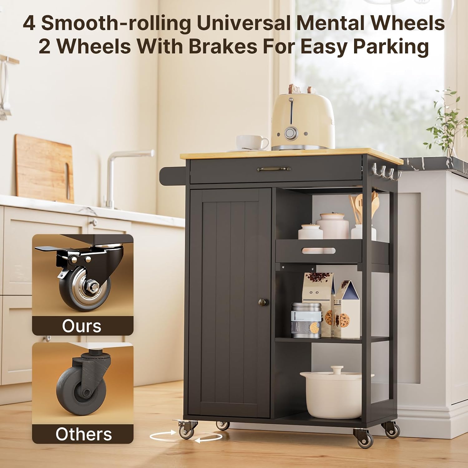 Gizoon Kitchen Island Cart with Solid Wood Top, Rolling Serving Utility Trolley Cart with Drawer, Cabinet, Towel Rack, Hooks and 3 Open Storage Shelves, Mobile Storage Cart for Dining Room, Bar, Black