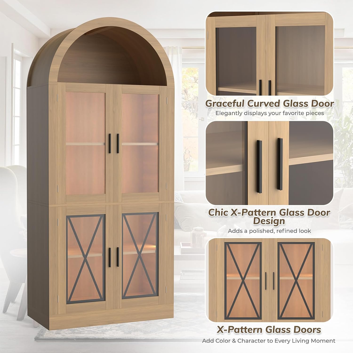71” Tall Arched Kitchen Pantry with X-Pattern Glass Doors & RGB Lighting, Storage Cabinet Display Cabinet with Adjustable Shelves, Modern Pantry Cabinet for Kitchen, Living Room & Dining Room