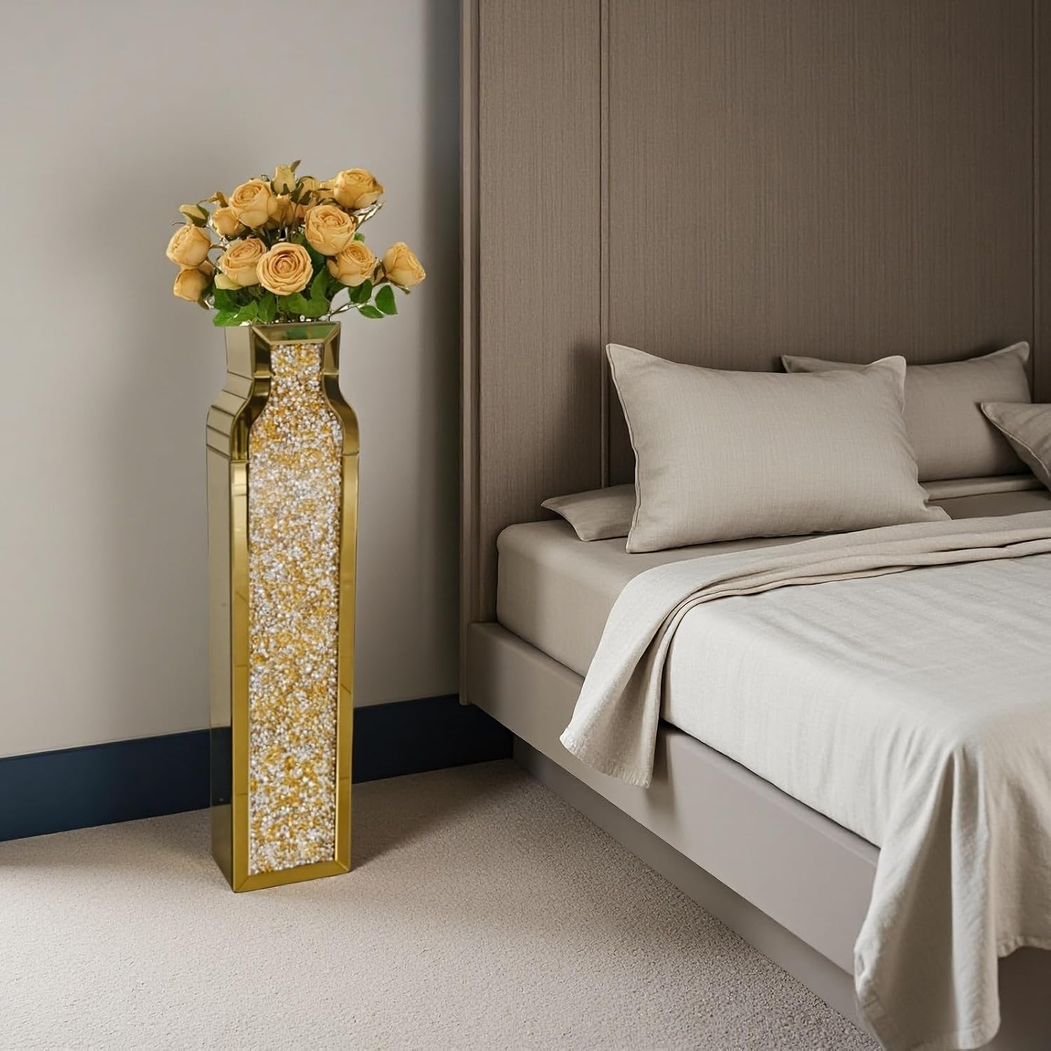 30" Tall Double Sided Crushed Diamond Vases, GoldLarge Mirrored Sliver Vase for Floor,Crystal MirrorDecorative Vase for Home,Office,Hotel (Gold, 6.8" L x 4.7" W x30 H)