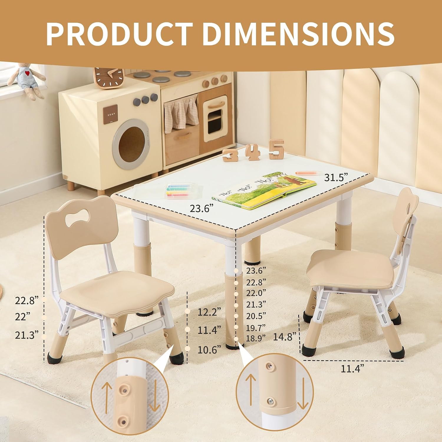 Hulaibit Toddler Table and 2 Chairs, Height-Adjustable Kids Table and Chairs Set, 31.5''L x 23.6''W Children Activity Table for Boys and Girls Aged 3-8