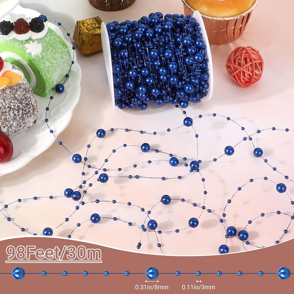 SUREAM 98 Feet Pearls String, Fishing Line Artificial Pearls String Beaded Wire for Craft, 3-8mm Faux Pearls Strand Roll for Flowers Wedding Christmas Decoration, Party Supplies(Blue